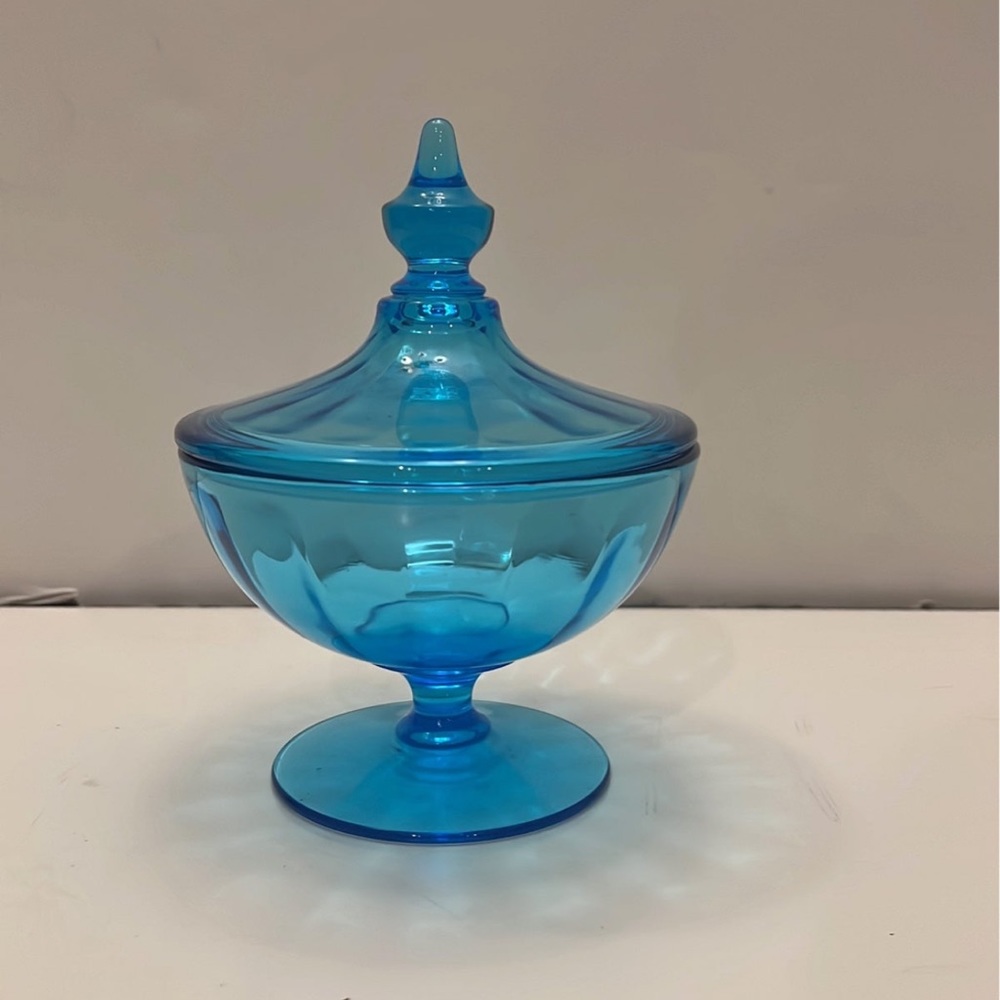 Blue Stretch Glass Lidded Candy Dish